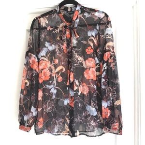 Sheer Floral Blouse w Front Tie Bow